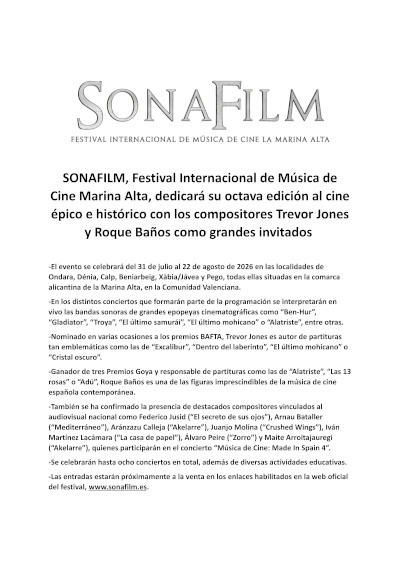 SONAFILM dedicará su octava edición al cine épico e histórico con Trevor Jones y Roque Baños