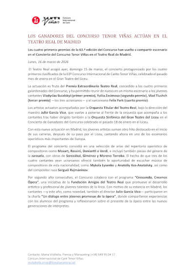 El Teatro Real reúne a los ganadores de la 63.ª edición del Concurso Internacional de Canto Tenor Viñas