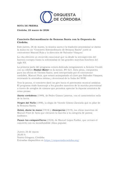 Concierto Extraordinario de Semana Santa con la Orquesta de Córdoba