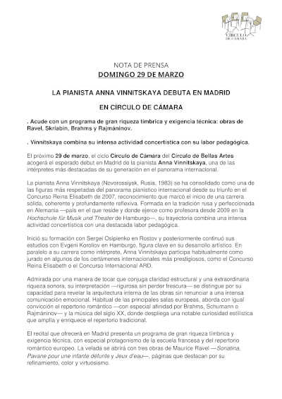 La pianista Anna Vinnitskaya debuta en Madrid en el Círculo de Cámara