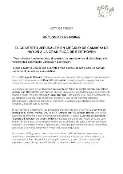 El Cuarteto Jerusalem en Círculo de Cámara: De Haydn a la Gran Fuga de Beethoven