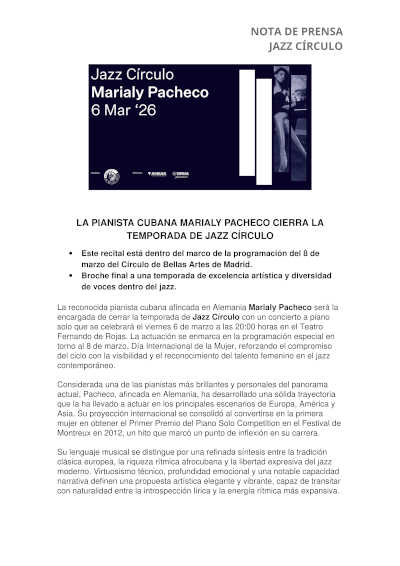 La pianista cubana Marialy Pachecho cierra la temporada de Ciclo Jazz Círculo del Círculo de Bellas Artes