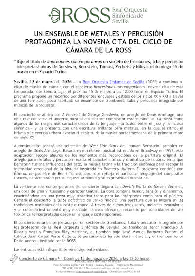 Un ensemble de metales y percusión protagoniza la novena cita del Ciclo de Cámara de la ROSS