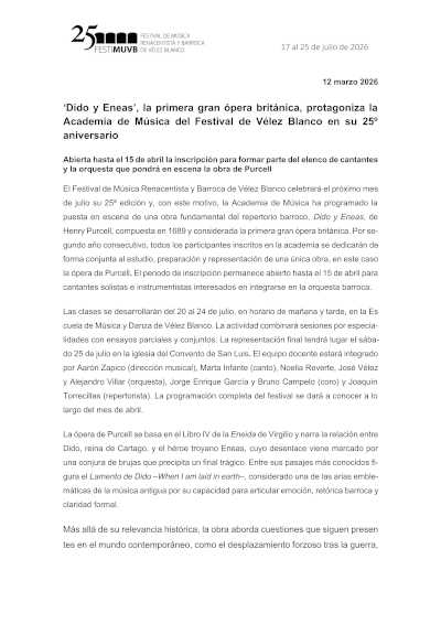 «Dido y Eneas», la primera gran ópera británica, protagoniza la Academia de Música del Festival de Vélez Blanco