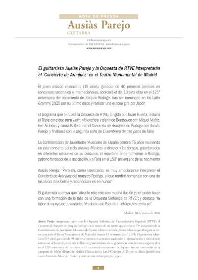 El guitarrista Ausiàs Parejo y la Orquesta de RTVE interpretarán el «Concierto de Aranjuez»