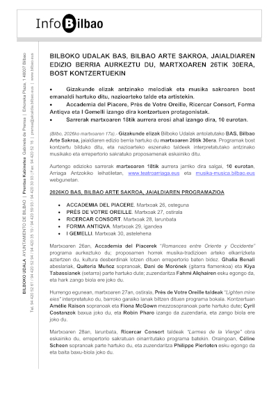 Nota actualizada: Bilbao Arte Sacro presenta “Aromas sagrados” con cinco conciertos en la iglesia de la encarnación