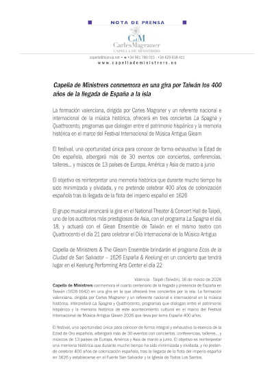 Capella de Ministrers conmemora en una gira por Taiwán los 400 años de la llegada de España a la isla