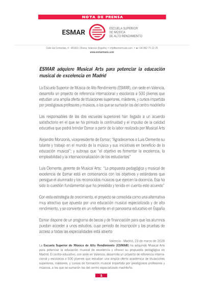 ESMAR adquiere Musical Arts para potenciar la educación musical de excelencia en Madrid