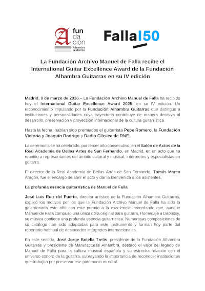 La Fundación Archivo Manuel de Falla recibe el International Guitar Excellence Award