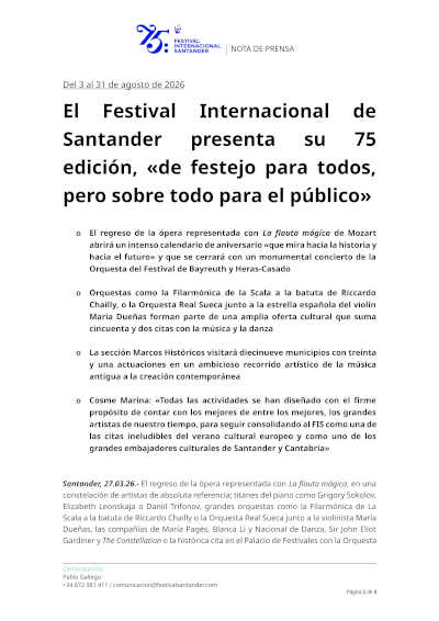 El Festival Internacional de Santander celebra su 75ª edición con una programación de referencia entre tradición y futuro