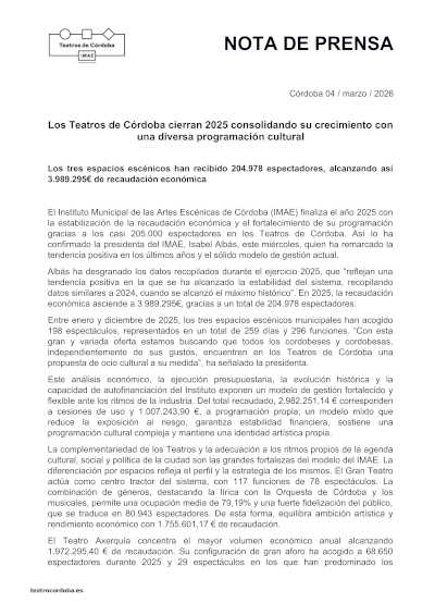 Los Teatros de Córdoba cierran 2025 consolidando su crecimiento con una diversa programación cultural