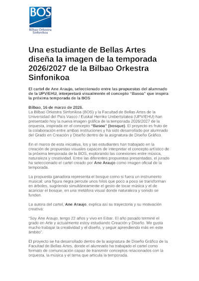 Estudiante de Bellas Artes diseña la imagen de la temporada 2026/2027 de la Bilbao Orkestra Sinfonikoa