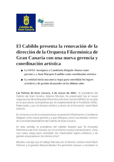 El Cabildo presenta la renovación de la dirección de la Orquesta Filarmónica de Gran Canaria