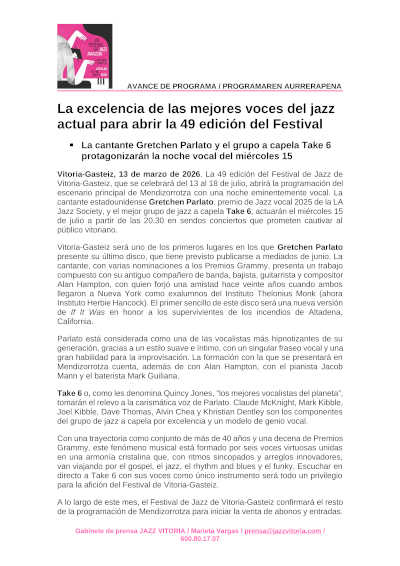 Juventud, virtuosismo y creatividad en la nueva edición del Festival de Jazz de Vitoria-Gasteiz Juventud, virtuosismo y creatividad en la nueva edición del Festival de Jazz de Vitoria-Gasteiz