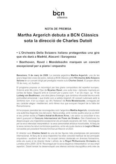Nota actualizada: Martha Argerich debuta en BCN Clàssics bajo la dirección de Charles Dutoit