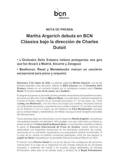 Nota actualizada: Martha Argerich debuta en BCN Clàssics bajo la dirección de Charles Dutoit