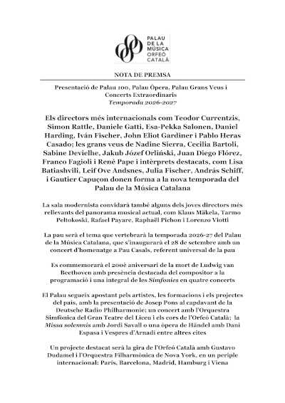 Nota actualizada: El Palau de la Música Catalana perfila su temporada 2026–2027 con grandes batutas, voces internacionales