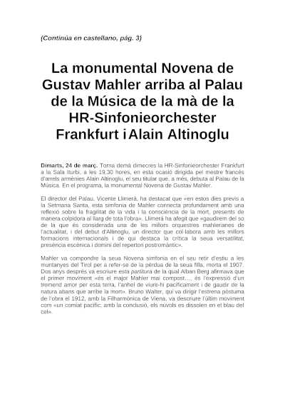 La Novena de Mahler llega al Palau con la hr-Sinfonieorchester y Altinoglu
