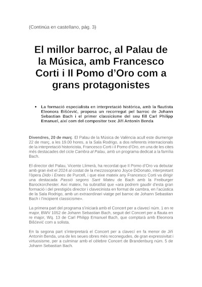 El mejor barroco, en el Palau de la Música, con Francesco Corti e Il Pomo d’Oro como grandes protagonistas