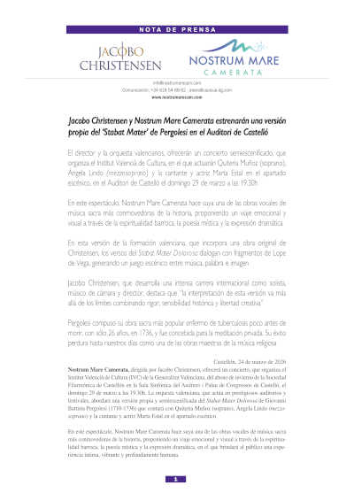 Jacobo Christensen y Nostrum Mare Camerata estrenarán una versión propia del ‘Stabat Mater’ de Pergolesi