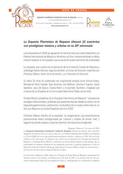 La Orquesta Filarmónica Fundación Ciudad de Requena celebra su 20º aniversario con diez conciertos en 2026