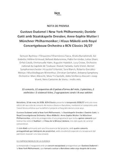 Dudamel, Mäkelä, Mutter y Gatti encabezan la temporada 2026/27 de BCN Clàssics