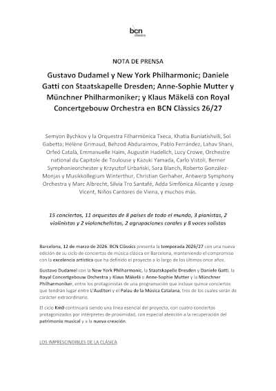 Dudamel, Mäkelä, Mutter y Gatti encabezan la temporada 2026/27 de BCN Clàssics
