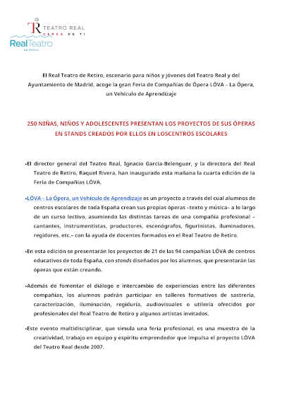 El Real Teatro de Retiro acoge la IV Feria de compañías de ópera infantiles y juveniles del proyecto LÓVA