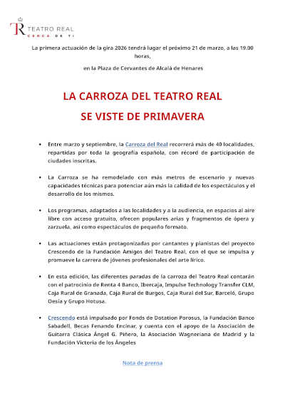 Arranca la gira 2026 de la Carroza del Teatro Real por más de 40 localidades