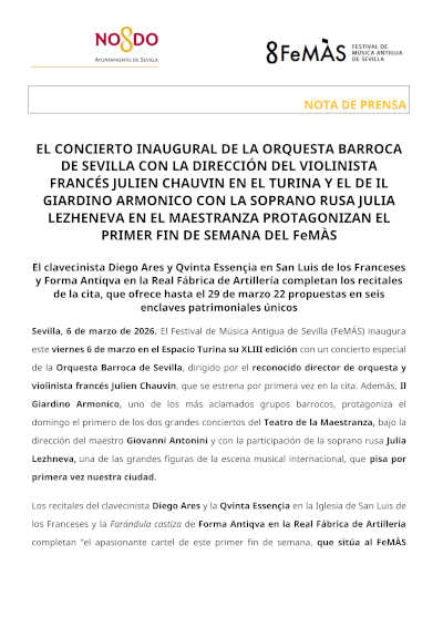 Concierto inaugural del FeMÀS con la Orquesta Barroca de Sevilla y Il Giardino Armonico