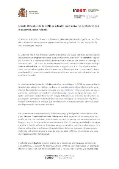 El ciclo Descubre de la OCNE se adentra en el universo de Brahms con el maestro Josep Planells