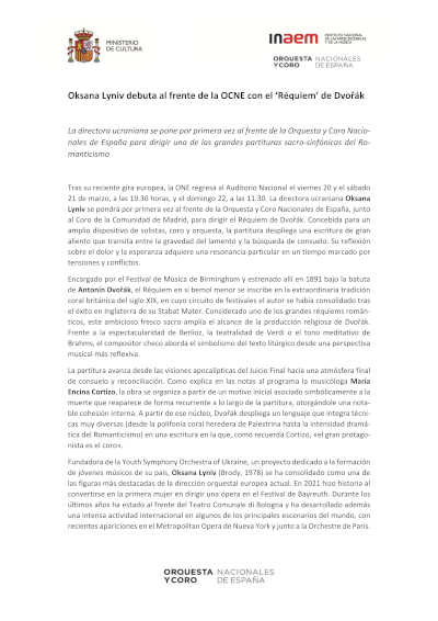 Nota actualizada: Oksana Lyniv debuta al frente de la OCNE con el «Réquiem» de Dvořák