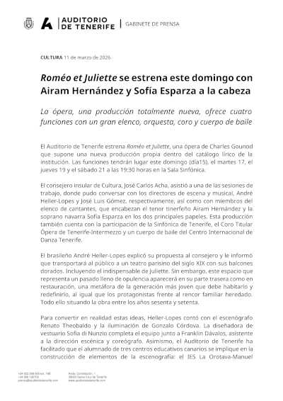 Roméo et Juliette se estrena este domingo con Airam Hernández y Sofía Esparza a la cabeza