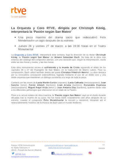 La Orquesta y Coro RTVE, dirigida por Christoph König, interpretará la «Pasión según San Mateo»