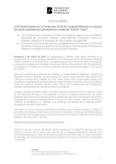 Jordi Savall propone en la Temporada 25-26 de Fundación Baluarte un viaje por las raíces musicales de Latinoamérica