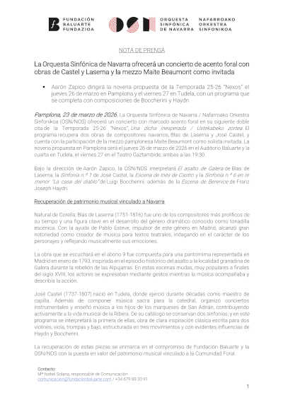 La Sinfónica de Navarra ofrece un concierto foral con obras de Castel y Laserna y Maite Beaumont