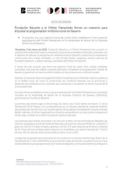 Fundación Baluarte y el Orfeón Pamplonés firman un convenio para impulsar la programación sinfónico-coral en Navarra