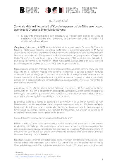 Xavier de Maistre interpretará el «Concierto para arpa» de Glière en el octavo abono de la Orquesta Sinfónica de Navarra