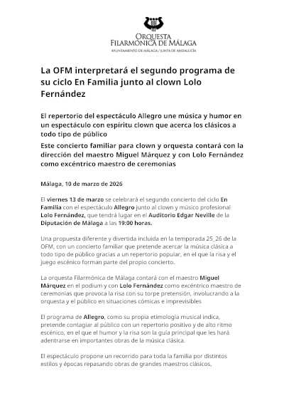 La OFM interpretará el segundo programa de su ciclo En Familia junto al clown Lolo Fernández