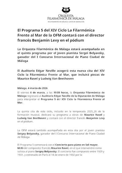 El Programa 5 del XIV Ciclo La Filarmónica Frente al Mar de la OFM será dirigido por el maestro Benjamin Levy