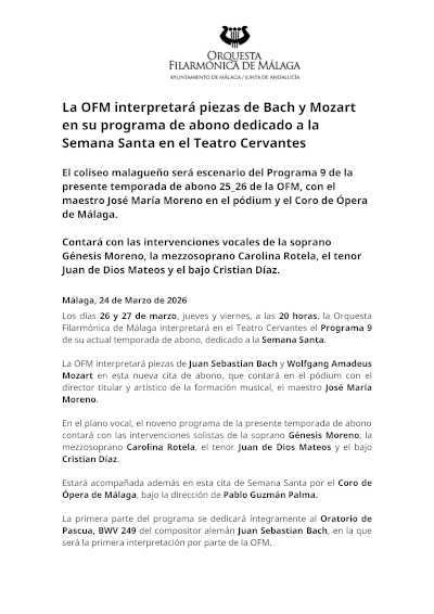 La OFM interpretará piezas de Bach y Mozart en su programa de abono dedicado a la Semana Santa