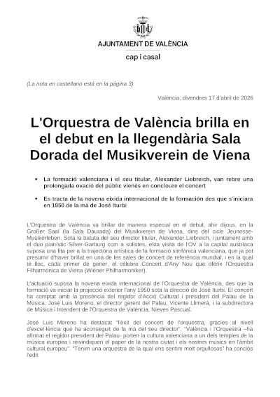 La Orquesta de València brilla en su debut en la legendaria Sala Dorada del Musikverein de Viena