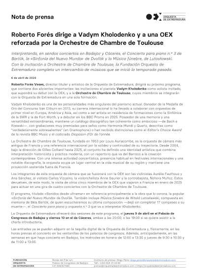 Roberto Forés dirige a Vadym Kholodenko y a una OEX reforzada por la Orchestre de Chambre de Toulouse