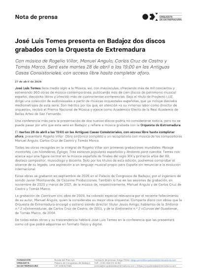 José Luis Temes presenta en Badajoz dos discos grabados con la Orquesta de Extremadura