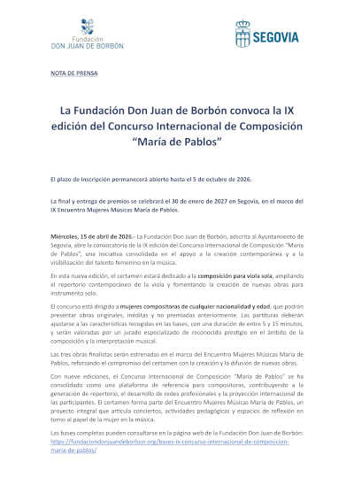 La Fundación Don Juan de Borbón convoca la IX edición del Concurso Internacional de Composición “María de Pablos” La Fundación Don Juan de Borbón convoca la IX edición del Concurso Internacional de Composición “María de Pablos”