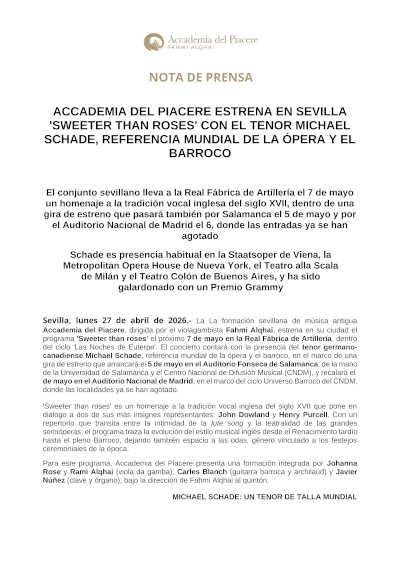 Accademia del Piacere estrena en Sevilla Sweeter than roses junto al tenor Michael Schade