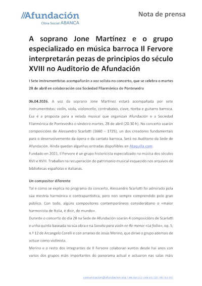 La soprano Jone Martínez e Il Fervore interpretan música del siglo XVIII en Afundación
