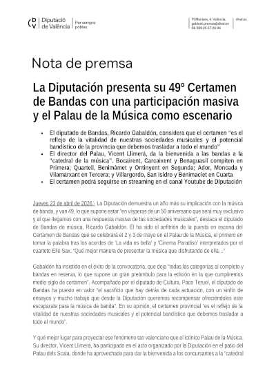 La Diputació de València presenta el 49º Certamen de Bandas con participación masiva en el Palau de la Música