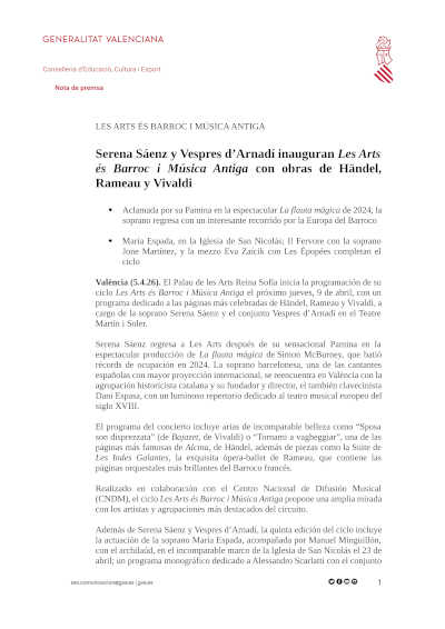 Serena Sáenz y Vespres d’Arnadí inauguran Les Arts és Barroc i Música Antiga