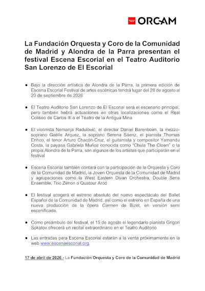 La ORCAM y Alondra de la Parra impulsan Escena Escorial en el Teatro Auditorio de San Lorenzo